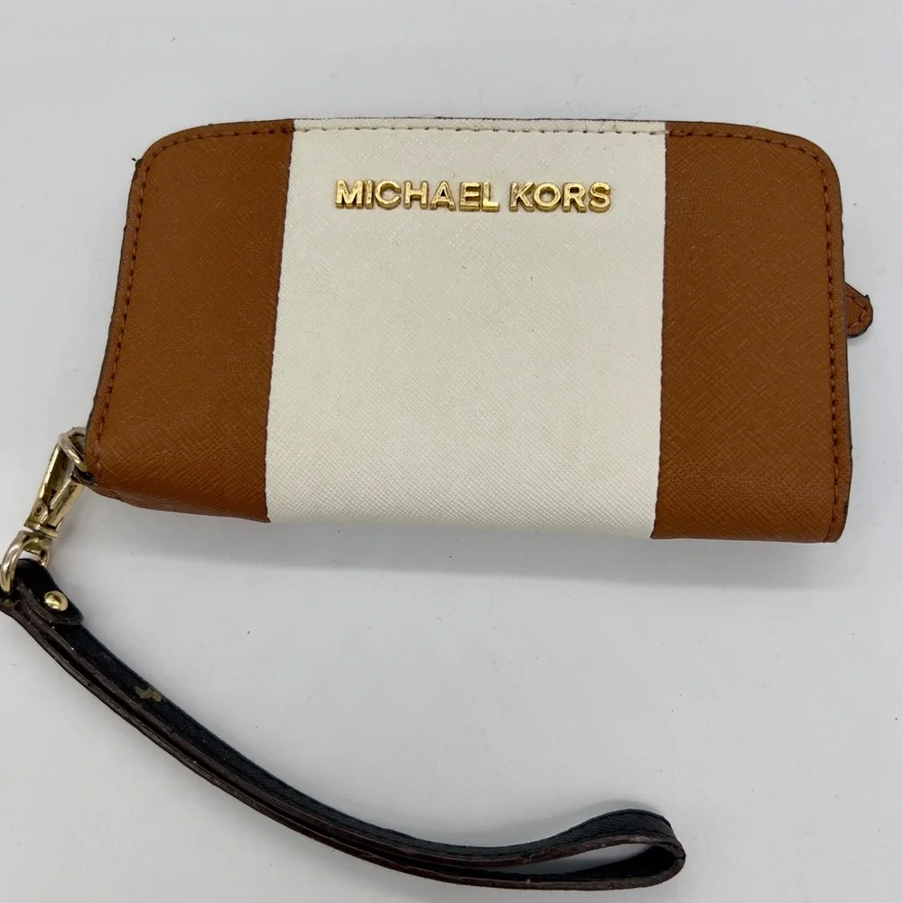 Michael Kors brown and White Stripe Zip Wristlet